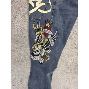 ED HARDY Slim Tapered New York City Eagle Patch Stretched Denim Jeans‎ Sz 32x32